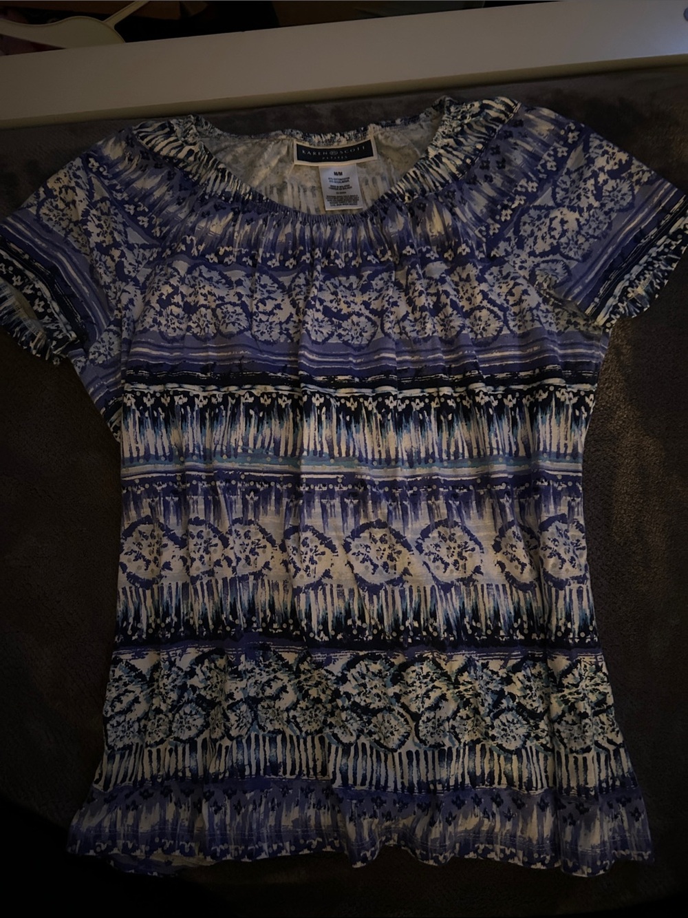Karen Scott Blue and White Printed Short Sleeve Top